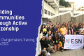 the visual shows on the left the title: Building Communities Through Active Citizenship and under it Local Changemakers Training, Braga 2025. On the right there is a picture of the volunteers that went to the training