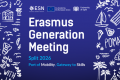 Banner for Erasmus Generation Meeting Split 2026, themed "Port of Mobility, Gateway to Skills", co-organised by ESN, the European Union, and the University of Split. Blue background with hand-drawn doodles of coastal icons.