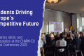 The visual shows on the left side the title "Students Driving Europe’s Competitive Future" and subtitle "Innovation, skills, and collaboration at the CHARM-EU Annual Conference 2025". On the right there is a picture of the conference where the public is in chairs attending